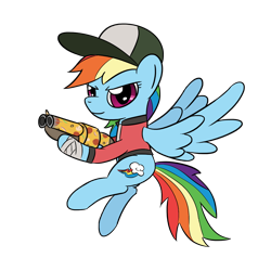 Size: 1280x1280 | Tagged: safe, artist:phat_guy, derpibooru exclusive, derpibooru import, rainbow dash, pegasus, pony, bandage, clothes, crossover, determined, female, flying, food, gun, hat, hoof hold, jacket, mare, pizza, pizza delivery, rainbow scout, scattergun, scout, simple background, smiling, solo, spread wings, team fortress 2, transparent background, video game, weapon, wings