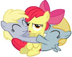 Size: 6128x4847 | Tagged: safe, artist:mmdfantage, apple bloom, chirpy hooves, derpy hooves, absurd resolution, chirpabetes, cute, derpabetes, hape, hug, non-consensual cuddling, simple background, transparent background, unhappy, vector, younger