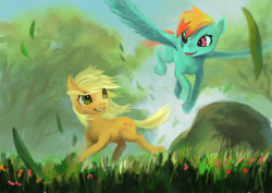 Size: 4242x3000 | Tagged: safe, artist:tiger-type, derpibooru import, applejack, rainbow dash, earth pony, pegasus, pony, flying, grass, rock, short hair, short mane