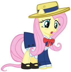 Size: 900x902 | Tagged: safe, artist:pixelkitties, fluttershy, pegasus, pony, andrea libman, clothes, coat, dress, hat, madeline, mary janes, simple background, solo, transparent background, voice actor joke