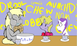 Size: 693x421 | Tagged: safe, artist:tooneyd, derpy hooves, dinky hooves, rarity, pegasus, pony, unicorn, animated, ask, ask ditzy doo, crown, eating, female, mare, muffin, puffy cheeks, tea, tea party, teacup, that pony sure does love muffins, tumblr