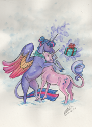 Size: 1024x1409 | Tagged: safe, artist:sagastuff94, starlight glimmer, twilight sparkle, twilight sparkle (alicorn), alicorn, pony, unicorn, christmas, glowing horn, hearth's warming eve, holiday, hug, present, snow