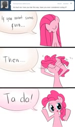 Size: 638x1075 | Tagged: safe, pinkie pie, earth pony, pony, alternate hairstyle, ask, ask pinkamena diane pie, grooming, solo, tumblr