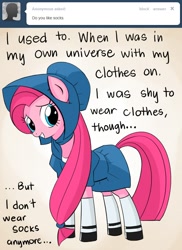 Size: 640x880 | Tagged: safe, artist:frankier77, pinkie pie, earth pony, pony, ask pinkamena diane pie, bonnet, clothes, cute, cuteamena, dress, socks, solo, tumblr