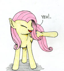 Size: 500x557 | Tagged: safe, artist:el-yeguero, fluttershy, pegasus, pony, eyes closed, filly funtasia, hoof popping, kicking, open mouth, raised leg, reference, smiling, standing, wink