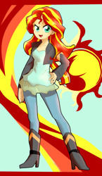 Size: 1551x2665 | Tagged: safe, artist:nigu2980helle, sunset shimmer, equestria girls, boots, clothes, high heel boots, human coloration, jacket, leather jacket, looking at you, open mouth, pants, pixiv, solo