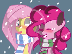 Size: 1024x768 | Tagged: safe, artist:onicka12, fluttershy, pinkie pie, earth pony, pegasus, pony, blushing, clothes, female, flutterpie, lesbian, scarf, shipping, snow, snowfall