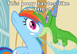 Size: 1141x810 | Tagged: safe, derpibooru import, edit, edited screencap, screencap, gummy, rainbow dash, pegasus, pony, party of one, caption, great moments in animation, image macro, rainbow dash is best facemaker, taste the rainbow, text