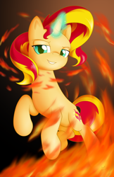 Size: 1024x1583 | Tagged: safe, artist:sycotei-b, sunset shimmer, pony, unicorn, fiery shimmer, fire, grin, looking at you, magic, rearing, smiling, solo