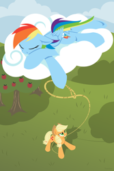 Size: 1280x1920 | Tagged: safe, artist:hoverrover, derpibooru import, applejack, rainbow dash, earth pony, pegasus, pony, apple tree, applejack's hat, cloud, cloudy, cowboy hat, cutie mark, eyes closed, female, floppy ears, glare, gritted teeth, hat, hooves, lasso, lineless, looking up, lying down, mare, mouth hold, prone, rope, sleeping, standing, tree, wings