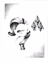 Size: 3091x4000 | Tagged: safe, artist:opticspectrum, rarity, pony, unicorn, bust, cutie mark, missing horn, monochrome, portrait, solo, traditional art