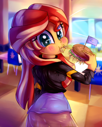 Size: 1606x2000 | Tagged: safe, artist:discorded, sunset shimmer, equestria girls, ass, blushing, bunset shimmer, burger, cafeteria, canterlot high, clothes, cute, eating, female, food, hay, hay burger, herbivore, homesick shimmer, humans doing horse things, jacket, looking at you, looking back, looking back at you, restaurant, shimmerbetes, skirt, solo, sunset wants her old digestive system back