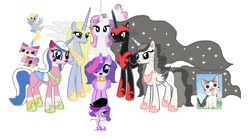 Size: 1444x804 | Tagged: safe, artist:desu, derpy hooves, sweetie belle, oc, alicorn, pony, alicorn oc, alicornified, chi, chi's sweet home, crossover, lego, ponified, the lego movie, unikitty, zoe trent