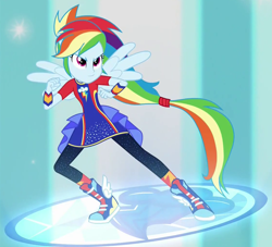 Size: 1125x1020 | Tagged: safe, derpibooru import, screencap, rainbow dash, better together, equestria girls, forgotten friendship, clothes, cropped, geode of super speed, magical geodes, pants, ponied up, solo, super sentai stance, transformation