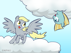 Size: 1000x746 | Tagged: safe, artist:empyu, derpy hooves, oc, pegasus, pony, cloud, eye contact, female, freckles, mare, open mouth, raised hoof, smiling, spread wings, upside down