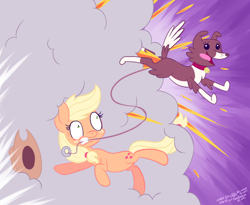 Size: 960x786 | Tagged: safe, artist:fizzy-dog, artist:seabastian, applejack, winona, earth pony, pony, action pose, epic walkies, explosion, explosive fart, fart, leash, mouth hold