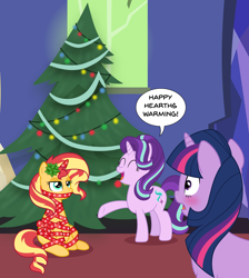 Size: 5415x6036 | Tagged: safe, artist:sugar-loop, starlight glimmer, sunset shimmer, twilight sparkle, pony, unicorn, absurd resolution, blushing, christmas, christmas tree, counterparts, cute, dialogue, eyes closed, female, gift wrapped, holiday, lesbian, mare, open mouth, raised hoof, ribbon, shipping, speech bubble, sunset shimmer is not amused, sunsetsparkle, tree, twilight's counterparts, unamused, wrapped up