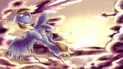 Size: 1920x1080 | Tagged: safe, artist:baldmoose, derpy hooves, pegasus, pony, cloud, cloudy, female, floppy ears, flying, mare, solo, sun, sunset