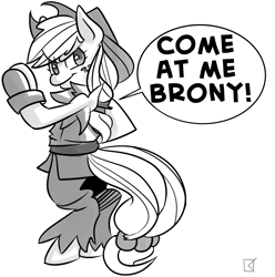 Size: 2400x2419 | Tagged: safe, artist:fauxsquared, applejack, earth pony, pony, akuma, bipedal, bronybait, come at me bro, ken, monochrome, parody, pun, smiling, smirk, solo, street fighter