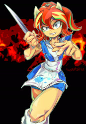 Size: 1600x2314 | Tagged: safe, artist:tyuubatu, sunset shimmer, equestria girls, apron, clothes, doll, equestria girls minis, female, food, hairpin, happi, knife, looking at you, ponied up, smiling, socks, solo, standing, sunset sushi, this will end in sushi, toy interpretation