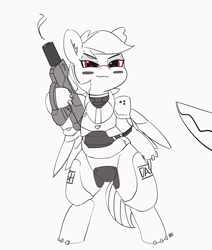 Size: 4208x4964 | Tagged: safe, artist:pabbley, derpibooru import, rainbow dash, pegasus, pony, absurd resolution, armor, augmented, badass adorable, bipedal, cute, dashabetes, female, gun, mare, monochrome, simple background, sketch, smiling, smug, solo, weapon