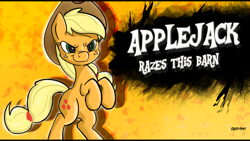 Size: 3840x2160 | Tagged: safe, artist:tivy, applejack, earth pony, pony, character reveal, newcomer, parody, pun, raise this barn, raze this barn, rearing, solo, style emulation, super smash bros., super smash bros. 4, wallpaper