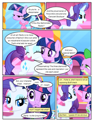 Size: 612x792 | Tagged: safe, artist:newbiespud, derpibooru import, edit, edited screencap, screencap, rarity, spike, twilight sparkle, unicorn twilight, dragon, pony, unicorn, comic:friendship is dragons, friendship is magic, season 1, carousel boutique, clothes, comic, dress, eyes closed, female, gem saddle twilight, glowing horn, horn, magic, male, mare, mirror, open mouth, reflection, rpg, screencap comic