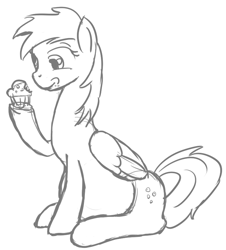 Size: 743x821 | Tagged: safe, artist:patch, derpy hooves, pegasus, pony, belly, eating, female, happy, hoof hold, mare, monochrome, muffin, pregnant, sitting, sketch, smiling, solo