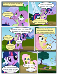 Size: 612x792 | Tagged: safe, artist:newbiespud, derpibooru import, edit, edited screencap, screencap, fluttershy, spike, twilight sparkle, unicorn twilight, dragon, pegasus, pony, unicorn, comic:friendship is dragons, friendship is magic, claws, comic, fangs, female, hooves, horn, male, mare, open mouth, screencap comic, tree, wings