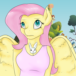 Size: 4000x4000 | Tagged: safe, artist:lisa400, angel bunny, fluttershy, anthro, absurd resolution, breasts, female, fluttershy's cottage, hootershy