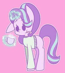 Size: 1203x1347 | Tagged: safe, artist:typhwosion, starlight glimmer, pony, unicorn, christmas, clothes, female, floppy ears, glowing horn, holiday, levitation, magic, mare, mug, pink background, simple background, solo, sweater, telekinesis