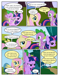 Size: 612x792 | Tagged: safe, artist:newbiespud, derpibooru import, edit, edited screencap, screencap, fluttershy, spike, twilight sparkle, unicorn twilight, dragon, pegasus, pony, unicorn, comic:friendship is dragons, friendship is magic, comic, dragons riding ponies, female, glowing horn, horn, magic, male, mare, open mouth, riding, screencap comic, spread wings, telekinesis, tree, wings