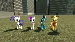 Size: 1366x768 | Tagged: safe, artist:snowdash141, applejack, rarity, soarin', oc, earth pony, pony, unicorn, 3d, gmod