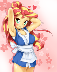 Size: 1400x1750 | Tagged: safe, artist:fromamida, sunset shimmer, equestria girls, abstract background, adorasexy, anime, apron, armpits, blushing, clothes, colored pupils, cute, female, hair tie, happi, heart, looking at you, sexy, shimmerbetes, solo, standing, sunset sushi, toy interpretation