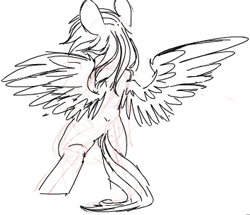 Size: 354x305 | Tagged: safe, artist:yoditax, derpibooru import, rainbow dash, pegasus, pony, bipedal, female, mare, monochrome, simple background, sketch, solo, spread wings, white background, wings