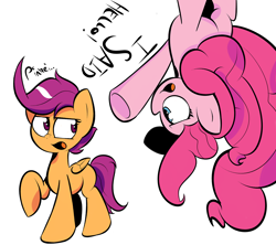 Size: 1280x1138 | Tagged: dead source, safe, artist:turtlefarminguy, pinkie pie, scootaloo, earth pony, pony, dialogue, upside down