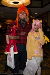 Size: 1365x2048 | Tagged: artist needed, safe, big macintosh, fluttershy, human, anime los angeles, bandana, clothes, convention, cosplay, irl, irl human, photo, sweater, sweatershy