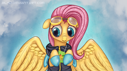 Size: 1920x1080 | Tagged: safe, artist:eltaile, artist:xn-d, fluttershy, pegasus, pony, blushing, bunny ears, clothes, cute, dangerous mission outfit, female, flutterspy, goggles, hoodie, juice, juice box, mare, smiling, solo, spy