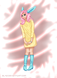 Size: 1600x2173 | Tagged: safe, artist:eltaile, fluttershy, human, boots, bracelet, bunny ears, clothes, dress, humanized