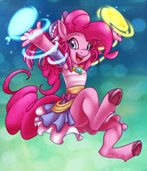Size: 750x871 | Tagged: safe, artist:vertizontal, pinkie pie, anthro, unguligrade anthro, element of laughter, hooves, magic, solo, unshorn fetlocks