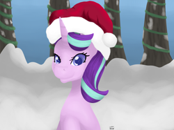 Size: 1600x1200 | Tagged: safe, artist:bleuey, starlight glimmer, pony, unicorn, christmas, female, hat, holiday, mare, santa hat, snow, solo, tree