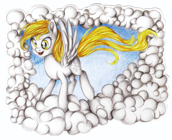 Size: 4071x3316 | Tagged: safe, artist:vird-gi, derpy hooves, pegasus, pony, cloud, cloudy, female, mare, solo, spread wings, traditional art