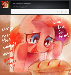 Size: 657x700 | Tagged: dead source, safe, artist:dhui, pinkie pie, earth pony, pony, against glass, ask, baking, dialogue, food, oven, pie, solo, tired pie, tumblr