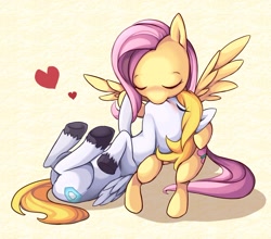 Size: 1000x881 | Tagged: safe, artist:grasspainter, fluttershy, oc, pegasus, pony, blue shield, blushing, canon x oc, head on lap, kissing, on back, shipping