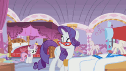 Size: 960x540 | Tagged: safe, screencap, rarity, sweetie belle, pony, unicorn, for whom the sweetie belle toils, animated, bed, carousel boutique, clothes, dress, fabric, glasses, magic, mannequin, scissors, self-confidence, sewing machine, telekinesis