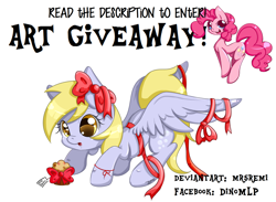 Size: 2100x1540 | Tagged: safe, artist:mrsremi, derpy hooves, pinkie pie, pegasus, pony, female, mare, muffin, present, ribbon