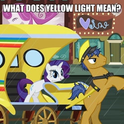 Size: 548x549 | Tagged: safe, rarity, earth pony, pony, unicorn, rarity takes manehattan, carriage, female, image macro, impact font, manehattan, mare, meme, rain, rearing, saddle row, taxi, taxi (sitcom), taxi pony