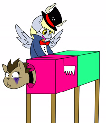 Size: 2095x2448 | Tagged: safe, artist:chub-wub, derpy hooves, doctor whooves, pegasus, pony, box sawing trick, choker, crossdressing, female, hat, magic trick, magician, mare, saw, simple background, this will end in tears and/or death, top hat, white background