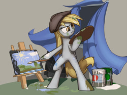 Size: 1200x900 | Tagged: safe, artist:cannibalus, derpy hooves, pegasus, pony, drawing tablet, female, graphics tablet, hat, mare, paint, paint in hair, paint on fur, paintbrush, solo, tablet