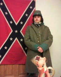 Size: 1024x1280 | Tagged: safe, artist:godfather42, applejack, human, clothes, confederate, confederate flag, cosplay, duo, flag, irl, irl human, photo, real, suit, toy